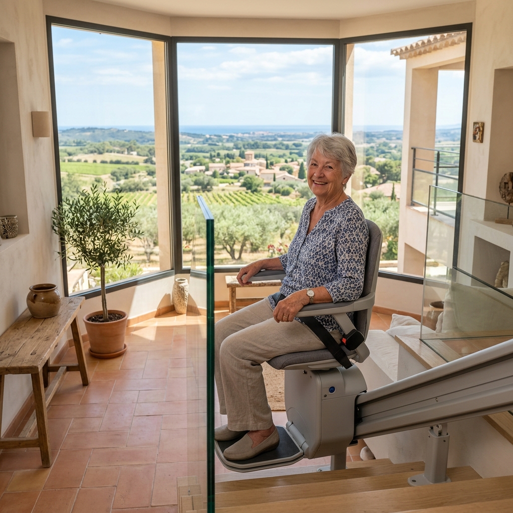 Senior utilisant un monte-escalier moderne dans une villa héraultaise lumineuse